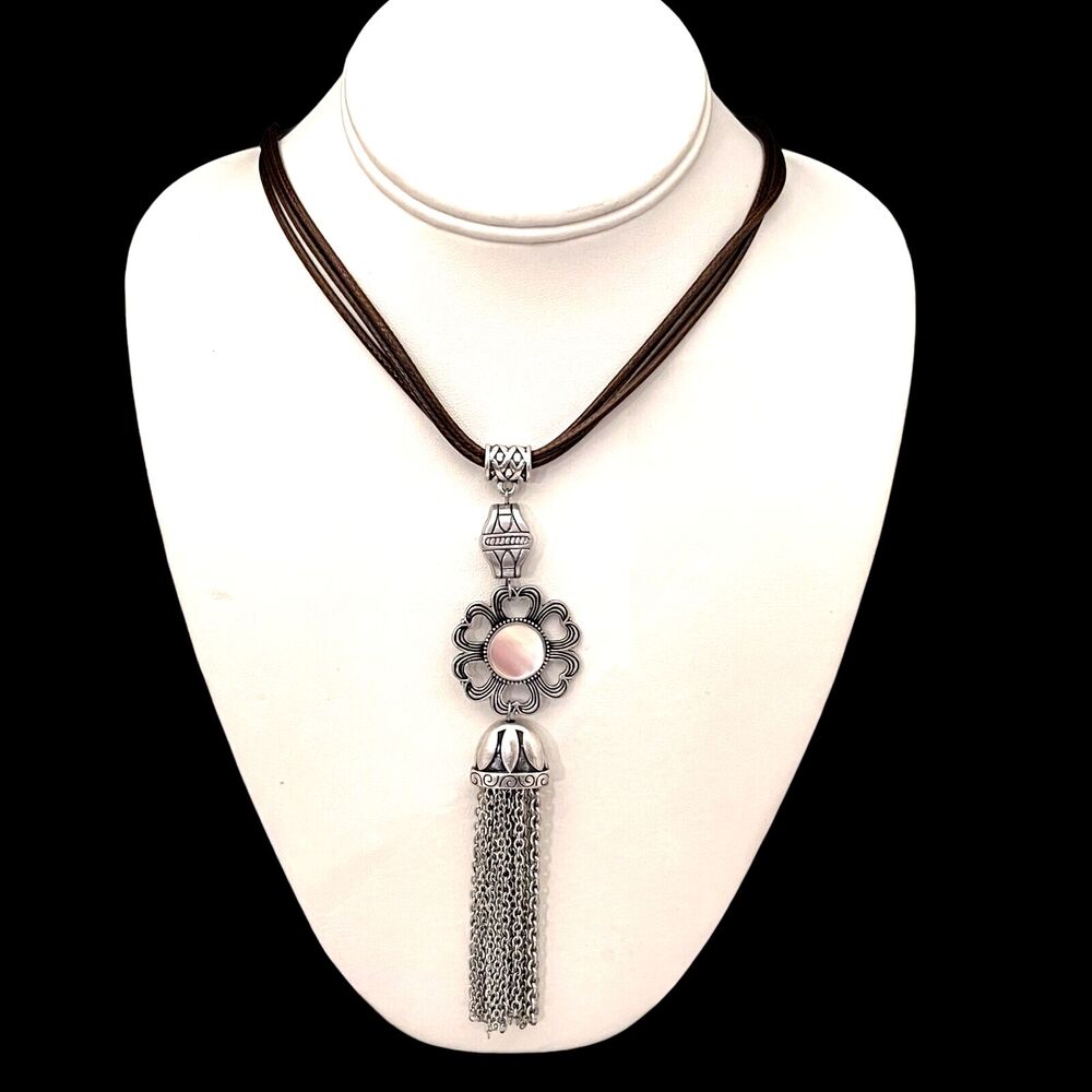 New Silver Tone Tassel Necklace Mother of Pearl Boho Statement - 13K